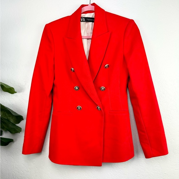 Zara Bright Red Orange Double Breasted Blazer - Picture 4 of 11
